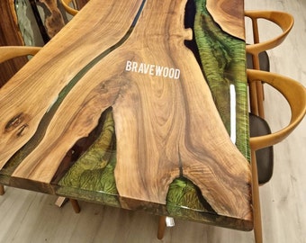 Walnut Epoxy Dining Table: Custom Design, Green & Brown