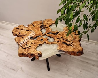 Olive Wood Coffee Table with Epoxy Resin: Round End Table