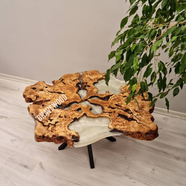 Mesa de madera de olivo, mesa redonda de olivo y auxiliar, mesa de centro con resina epoxi