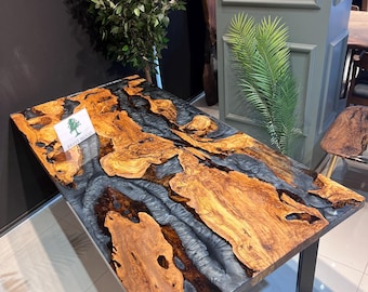 Custom Olive Wood Epoxy Dining Table: River Design