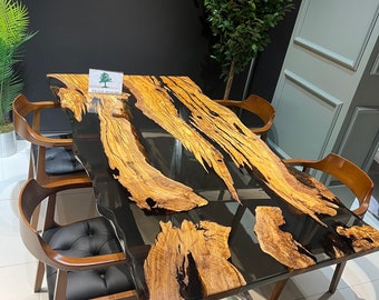 Custom Live Edge Olive Wood Dining Table: Smoke Epoxy River Table