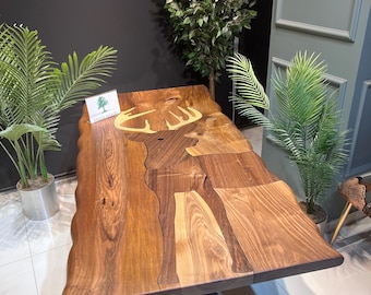 Walnut Dining Table: Custom Live Edge Deer Design