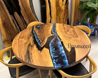 Handmade Walnut Wood Round Dining Table: Epoxy Resin River Table