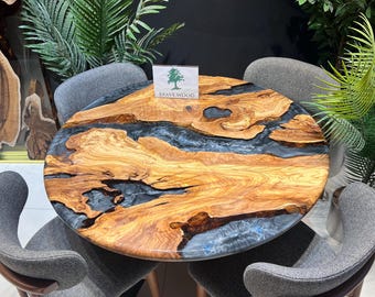 Handgefertigter Esstisch aus Olivenholz Epoxy, dunkelgrauer runder Tisch