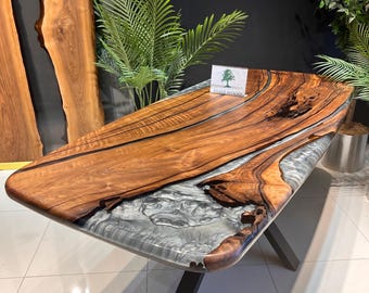 Esstisch mit Epoxidharz in dunkler Walnuss mit Metallbeinen, Esstisch, Grauer Epoxidharztisch, Epoxidharztisch (78,7 „x 36“)