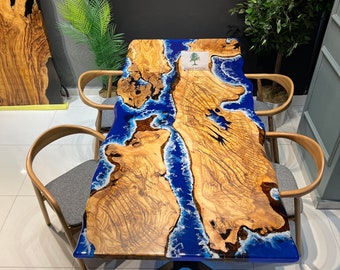Custom Live Edge Olive Wood Dining Table: Blue Epoxy Resin Wave
