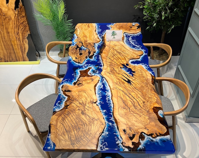 Featured listing image: Custom Live Edge Olive Wood Dining Table: Blue Epoxy Resin Wave