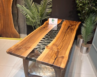 Live Edge Walnut Dining Table: Epoxy Resin River Design, 73.6"