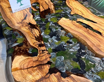 Custom Olive Wood Epoxy River Table, Stone Moss Natural Edge Dining table(72x36)