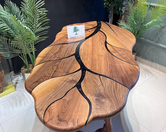 Leaf-Shaped Walnut Dining Table: Custom Live Edge Log Table 90”x45” - 45”x25”