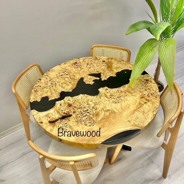 Resin river dining table, Round epoxy table, Black table, Dining room table ,Round mappa burl dining table,custom design epoxy table