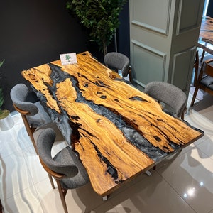 Custom live edge epoxy resin table, Dark gray metallic epoxy table, Dining room table, Epoxy table Living room table, Olive tree epoxy,Table