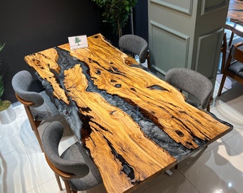 Custom Olive Wood Epoxy Resin Table: Dark Gray Metallic River Design