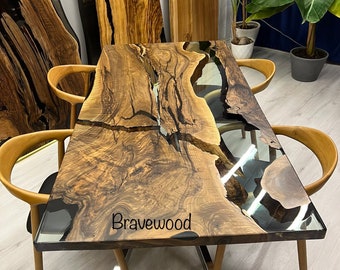 Walnut Epoxy Dining Table: Live Edge Solid Wood (71x35.4)