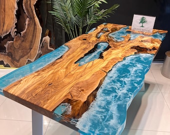 Custom Olive Wood River Table, Ocean Epoxy, Live Edge Dining Table