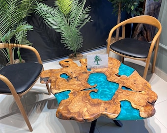 Live Edge Olive Wood Coffee Table, River Epoxy Resin, Custom Made Round Table