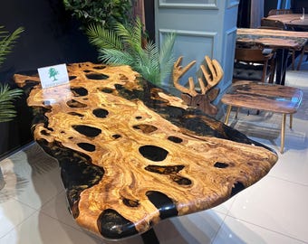 Olive wood dining table, Black Epoxy and gold details, Kitchen table, Olive tree
