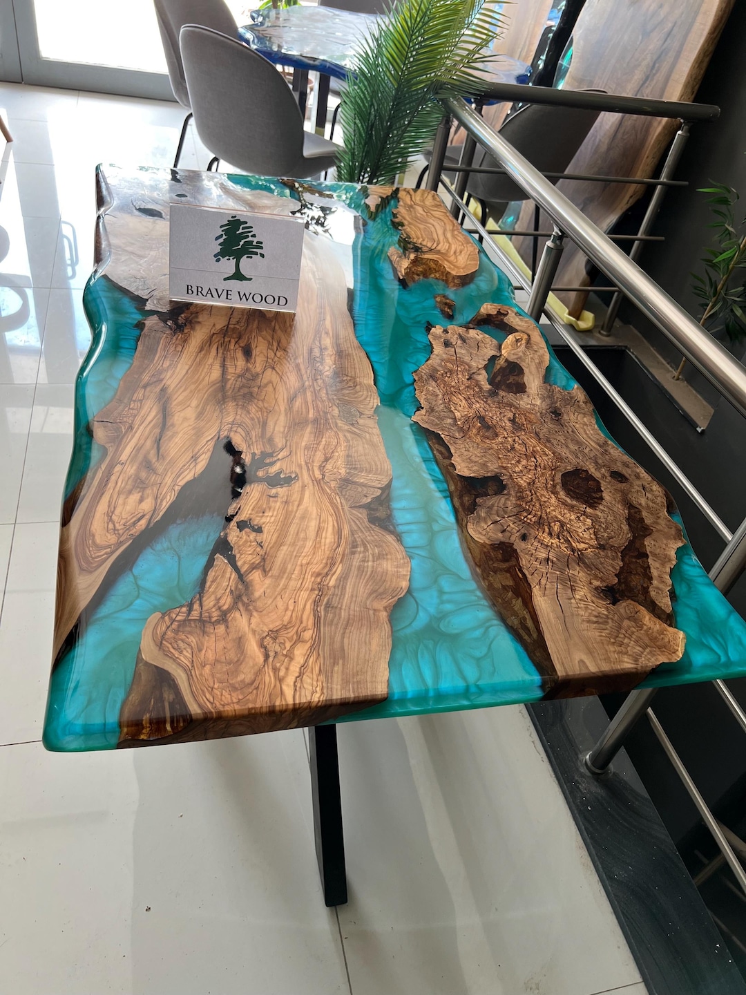 Turquoise Epoxy Olive Wood Dining Table: Custom Live Edge Resin Table ...