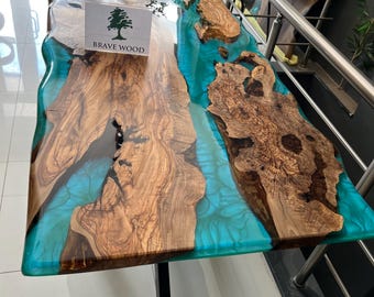 Turquoise Epoxy Olive Wood Dining Table: Custom Live Edge Resin Table