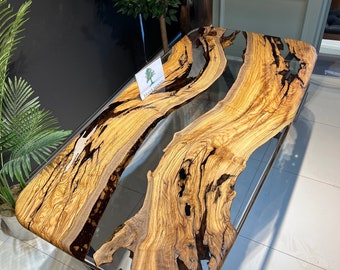 Handmade Olive Wood Dining Table: Clear Epoxy Resin River Table (72" x 36")
