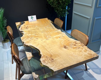 Handmade Live Edge Poplar Wood Epoxy Dining Table