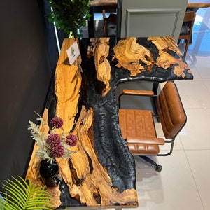 Epoxy Arbeitstisch, Schreibtisch, Epoxy Arbeitstisch aus Olivenholz, Metallic Epoxy Schreibtisch, Büroschreibtisch
