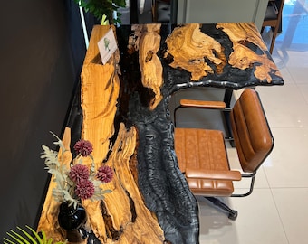 Epoxy Olive Wood Desk: Metallic Resin Work Table (72x48)