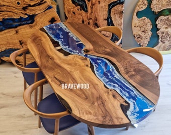 Wavy Teal Epoxy River Dining Table: Live Edge Walnut