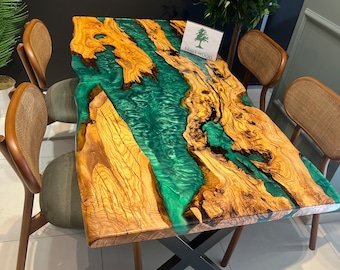 Emerald Green Epoxy Olive Wood Dining Table (72x36)