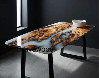 Olive Wood Epoxy River Dining Table, Custom Design, Smoky White Finish