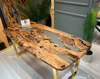 Handmade Olive Wood Epoxy Dining Table: River Design, Custom Desk (72x36")