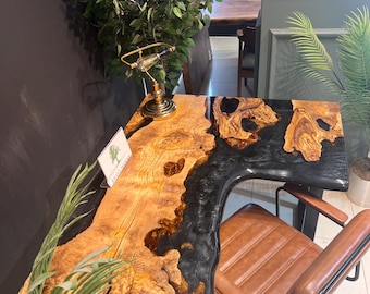 Epoxy Olive Wood Desk: Metallic Resin Work Table (50”x24”/ 40”x24”)