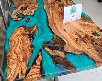 Handmade Olive Wood Epoxy Dining Table: Live Edge River Table (55”x31”)