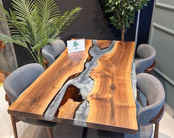 Custom Walnut Dining Table: Live Edge Epoxy Resin River Table
