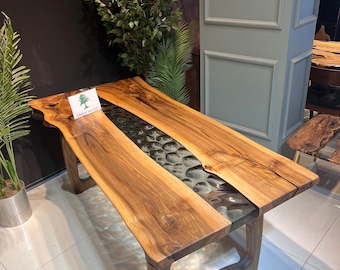 Custom Walnut Epoxy River Dining Table, Conference Desk, Natural Wood Furniture