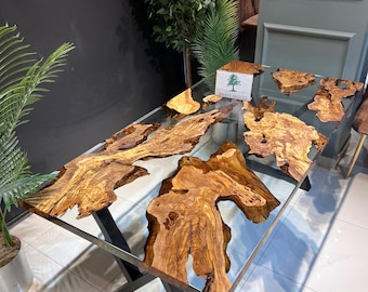 Custom Olive Wood Dining Table: Clear Epoxy Resin River Table (72x36)