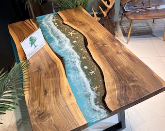 Seaside effect epoxy table, Walnut table, Starfish and beach, Dining room table