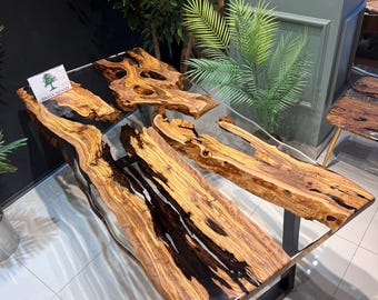 Custom Olive Wood Dining Table, Clear Epoxy River Table (72x36)
