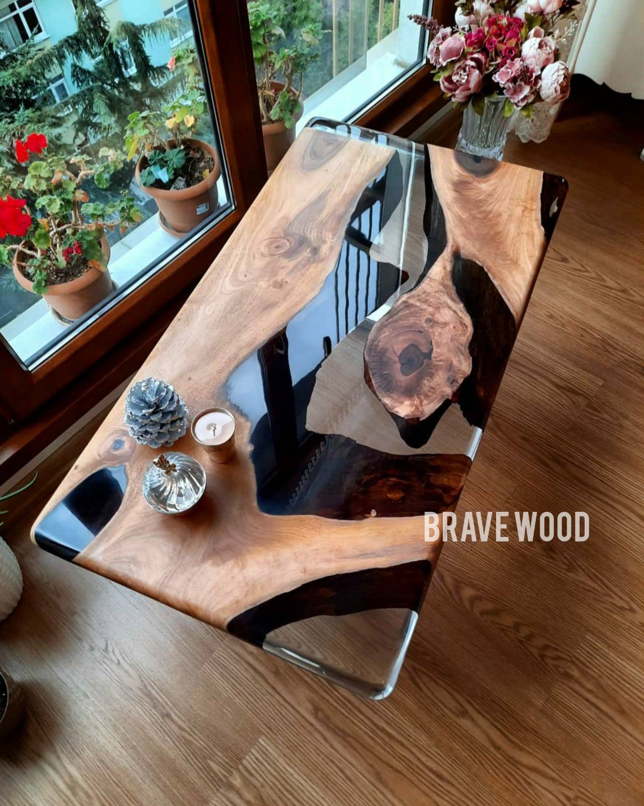 Custom live edge epoxy resin table, Black epoxy table by Brave Wood