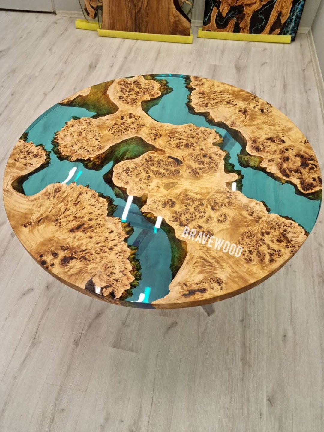 Round Mappa Burl Epoxy Dining Table: Custom Solid Wood Resin River