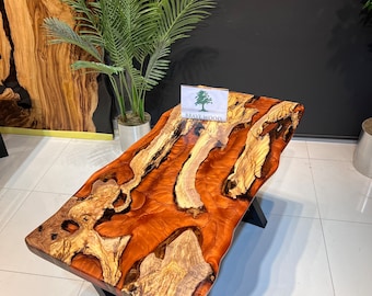 Custom Olive Wood Epoxy Dining Table: Live Edge Resin River Table