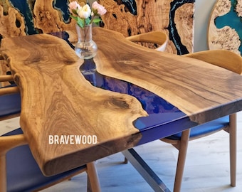 Natural Edge Walnut Dining Table: Custom Blue Epoxy River Table