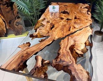 Elm Live Edge Epoxy Dining Table: Natural Wood River Table (87x40)
