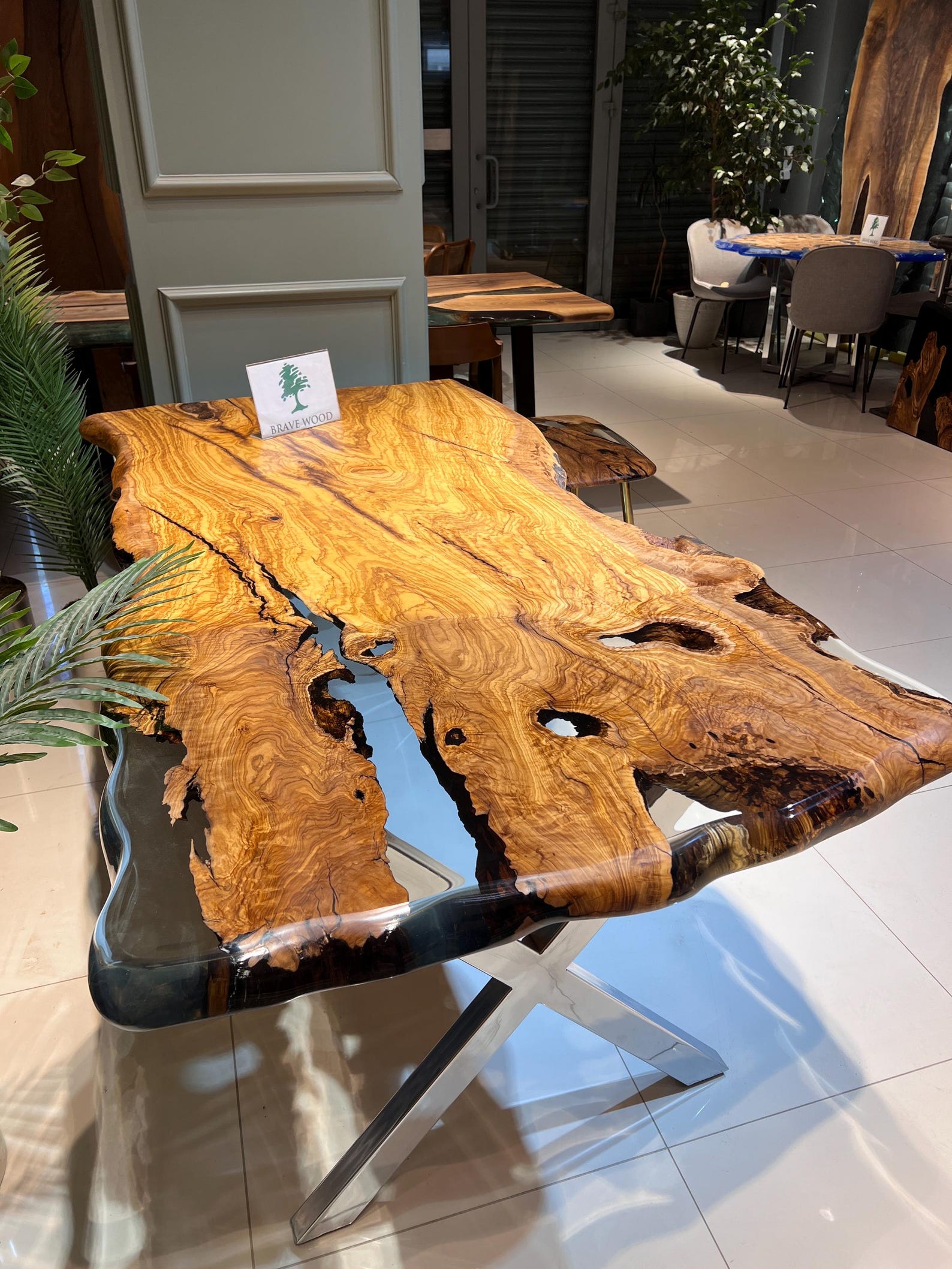 Epoxy Olive Wood Dining Table: Custom Live Edge Conference Table (72.8 ...