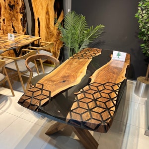 Honeycomb Black Epoxy Walnut Dining Table: Smoke Resin River