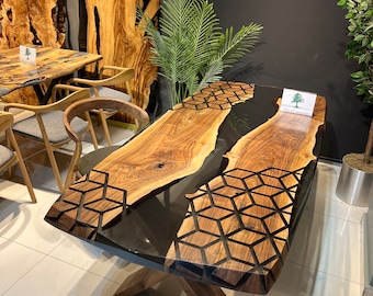 Honeycomb Black Epoxy Walnut Dining Table: Smoke Resin River