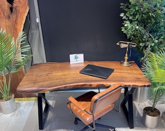 Custom Walnut Wood Desk: Handmade Office Desk with Hairpin Legs