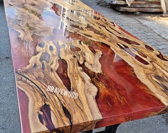 Live Edge Olive Wood Epoxy Dining Table: Custom Metallic Resin River