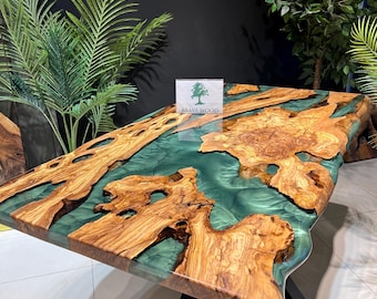 Custom Olive Wood River Table, Green Epoxy Resin Dining Table (64” x 36”