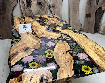 Blumentisch, Epoxy Olivenholztisch, Oliventisch, Küchentisch, Esszimmertisch